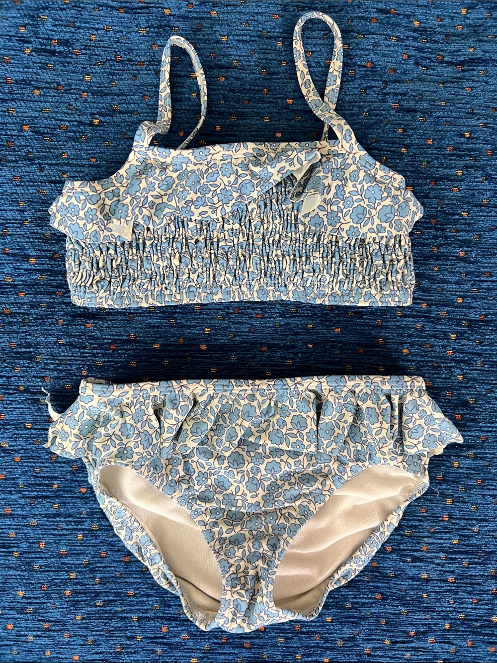 Mini Boden size 6/7 Blue Floral Smocked Bikini Set w/ ruffles
